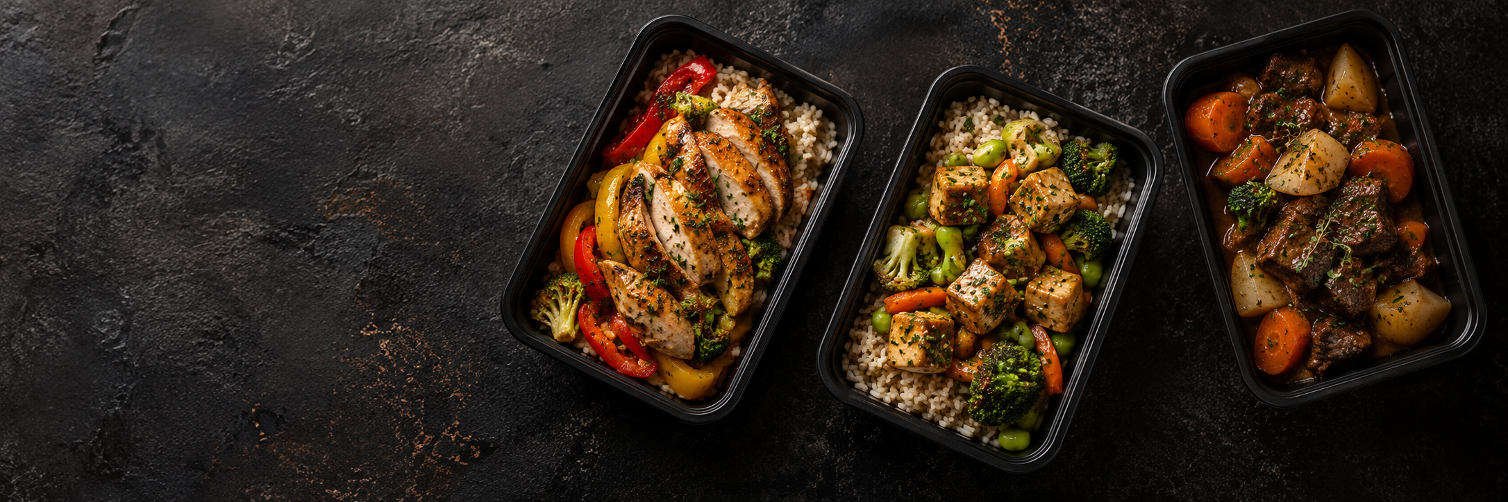 Serving inspiration: chicken and rice, tofu with vegetables, and beef stew in black meal prep trays.